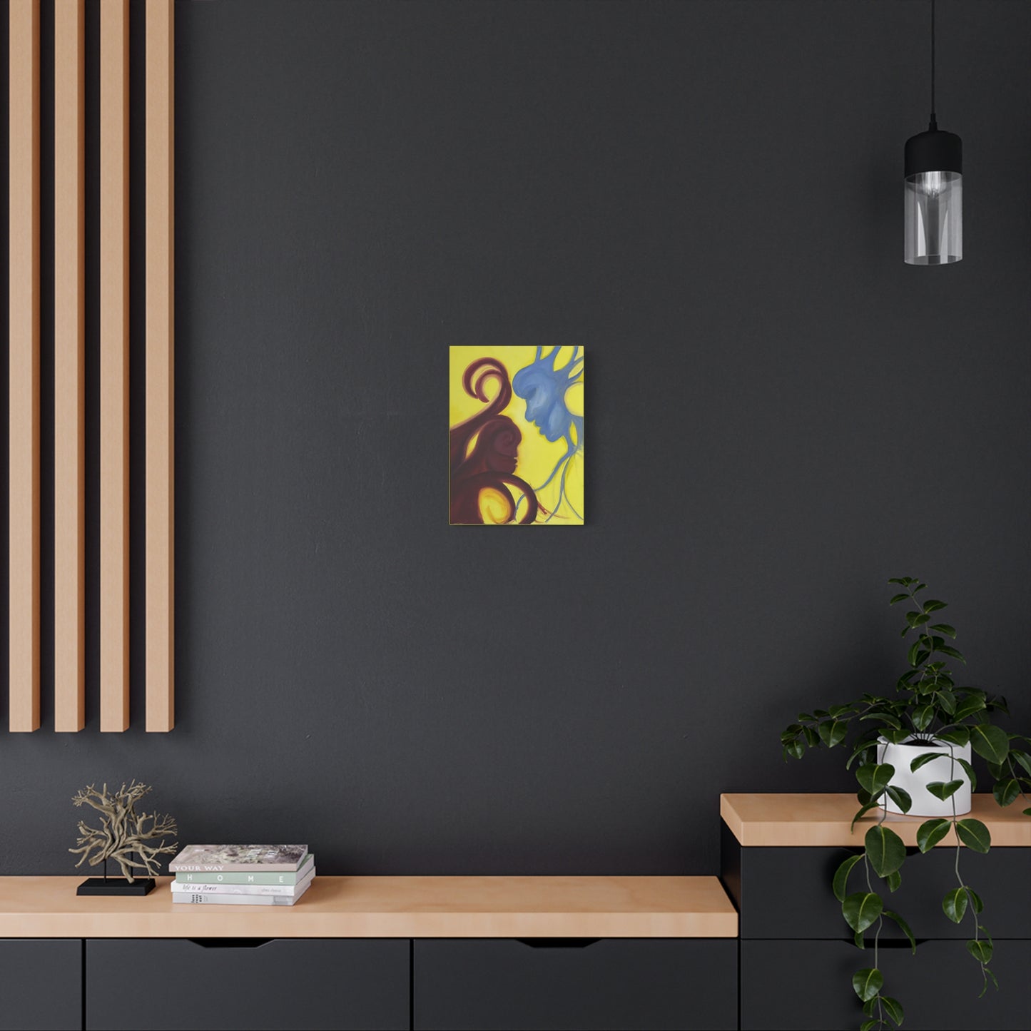 Abstract Yin Yang Faces Canvas Wall Art – Blue & Maroon Couple on Yellow Matte Stretched Canvas Printify