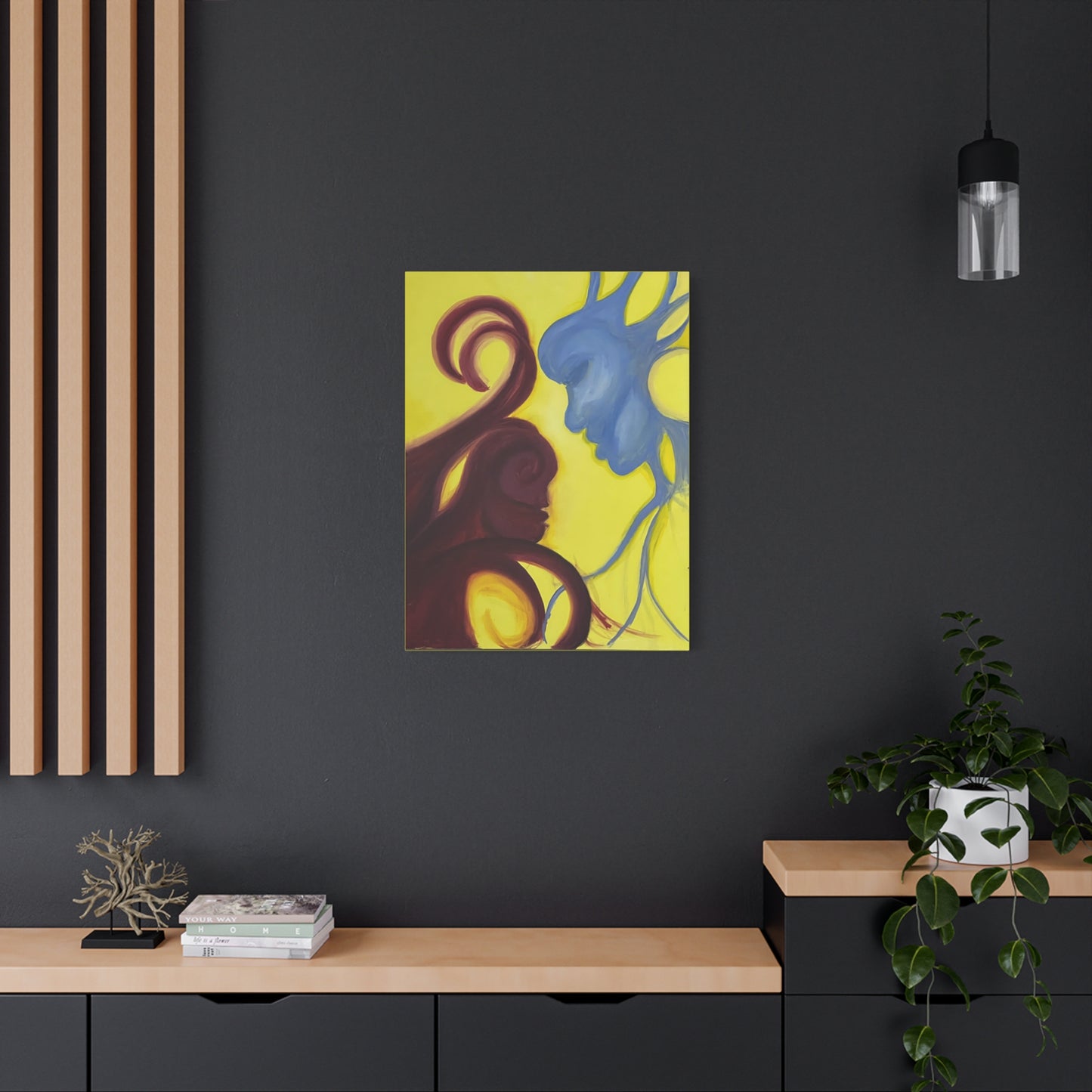 Abstract Yin Yang Faces Canvas Wall Art – Blue & Maroon Couple on Yellow Matte Stretched Canvas Printify