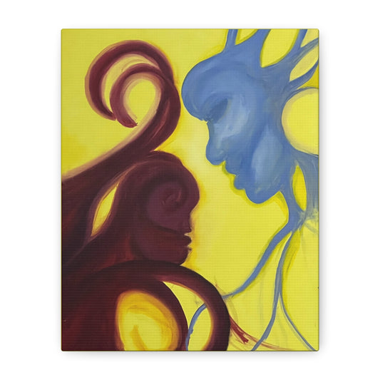 Abstract Yin Yang Faces Canvas Wall Art – Blue & Maroon Couple on Yellow Matte Stretched Canvas Printify