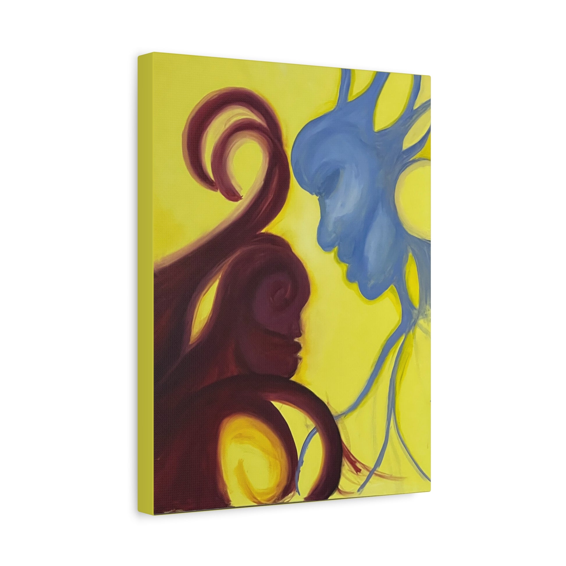 Abstract Yin Yang Faces Canvas Wall Art – Blue & Maroon Couple on Yellow Matte Stretched Canvas Printify