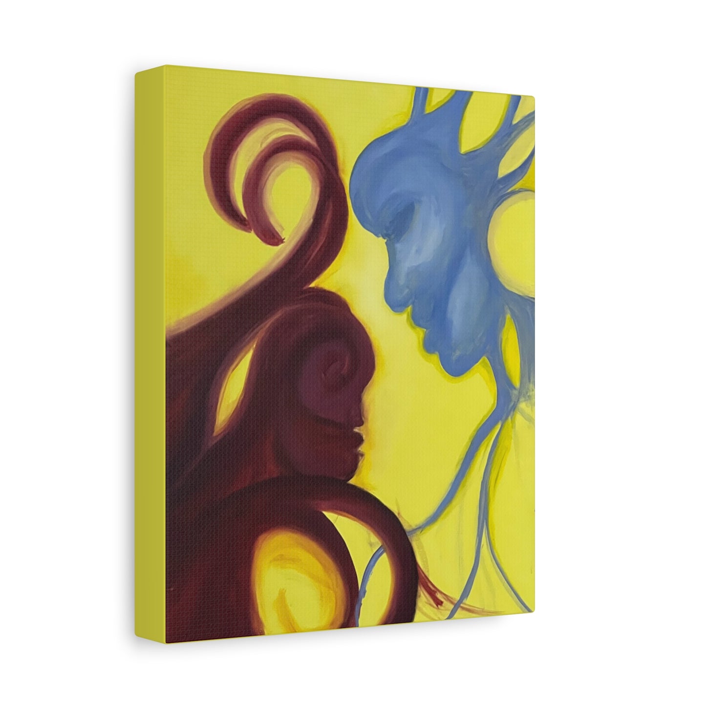 Abstract Yin Yang Faces Canvas Wall Art – Blue & Maroon Couple on Yellow Matte Stretched Canvas Printify
