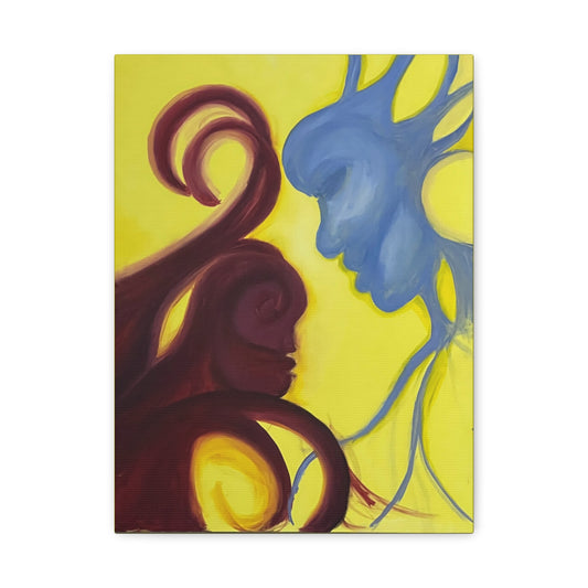 Abstract Yin Yang Faces Canvas Wall Art – Blue & Maroon Couple on Yellow Matte Stretched Canvas Printify