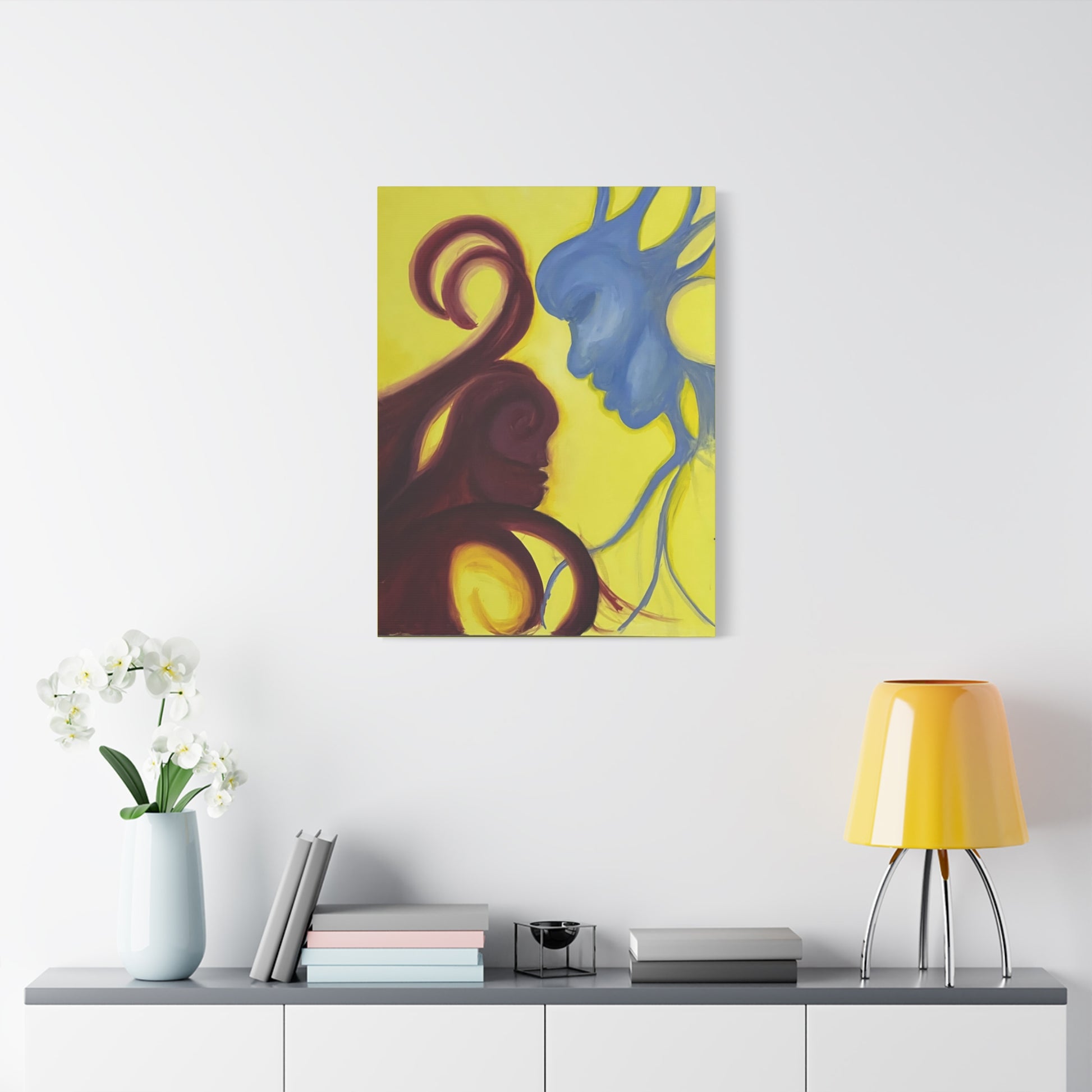 Abstract Yin Yang Faces Canvas Wall Art – Blue & Maroon Couple on Yellow Matte Stretched Canvas Printify