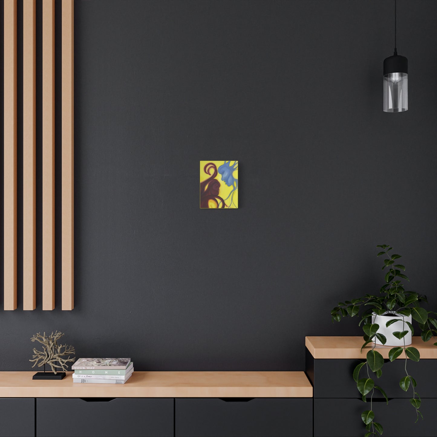 Abstract Yin Yang Faces Canvas Wall Art – Blue & Maroon Couple on Yellow Matte Stretched Canvas Printify