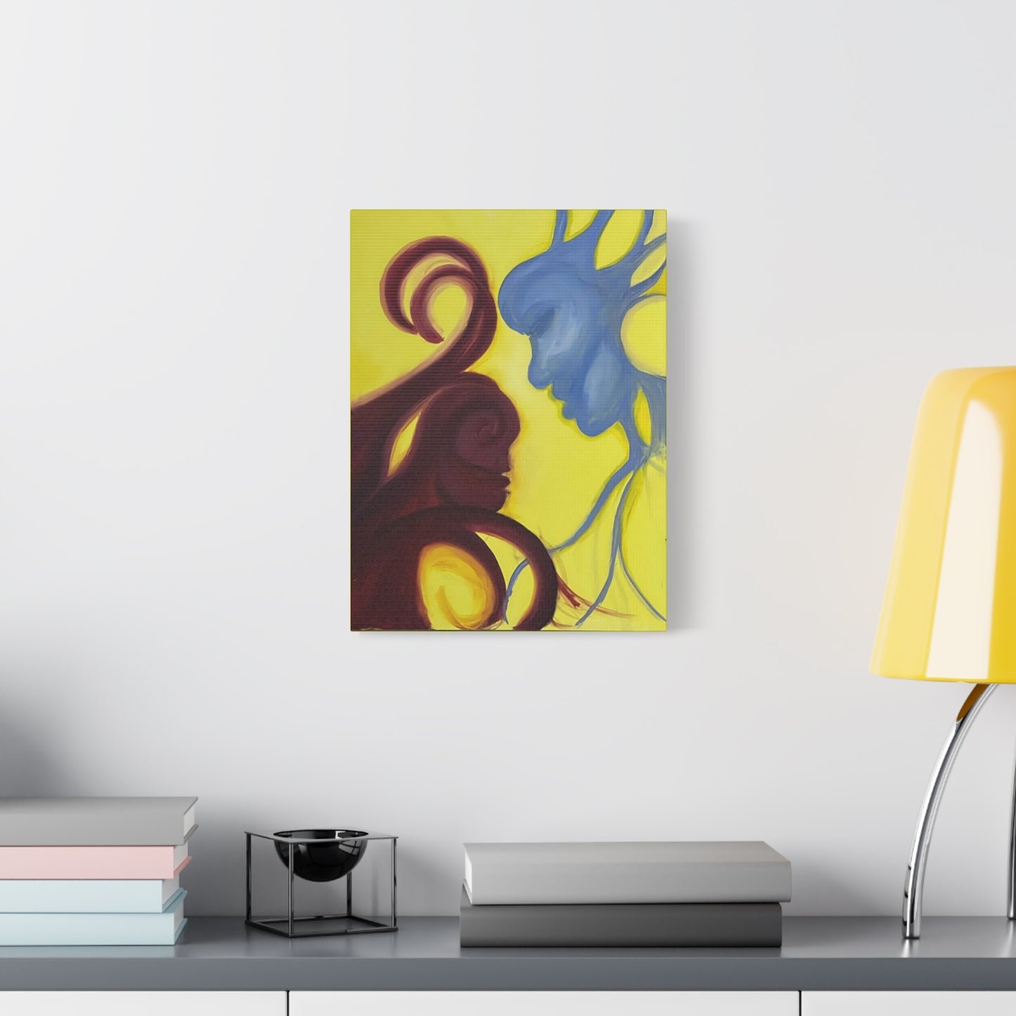 Abstract Yin Yang Faces Canvas Wall Art – Blue & Maroon Couple on Yellow Matte Stretched Canvas Printify