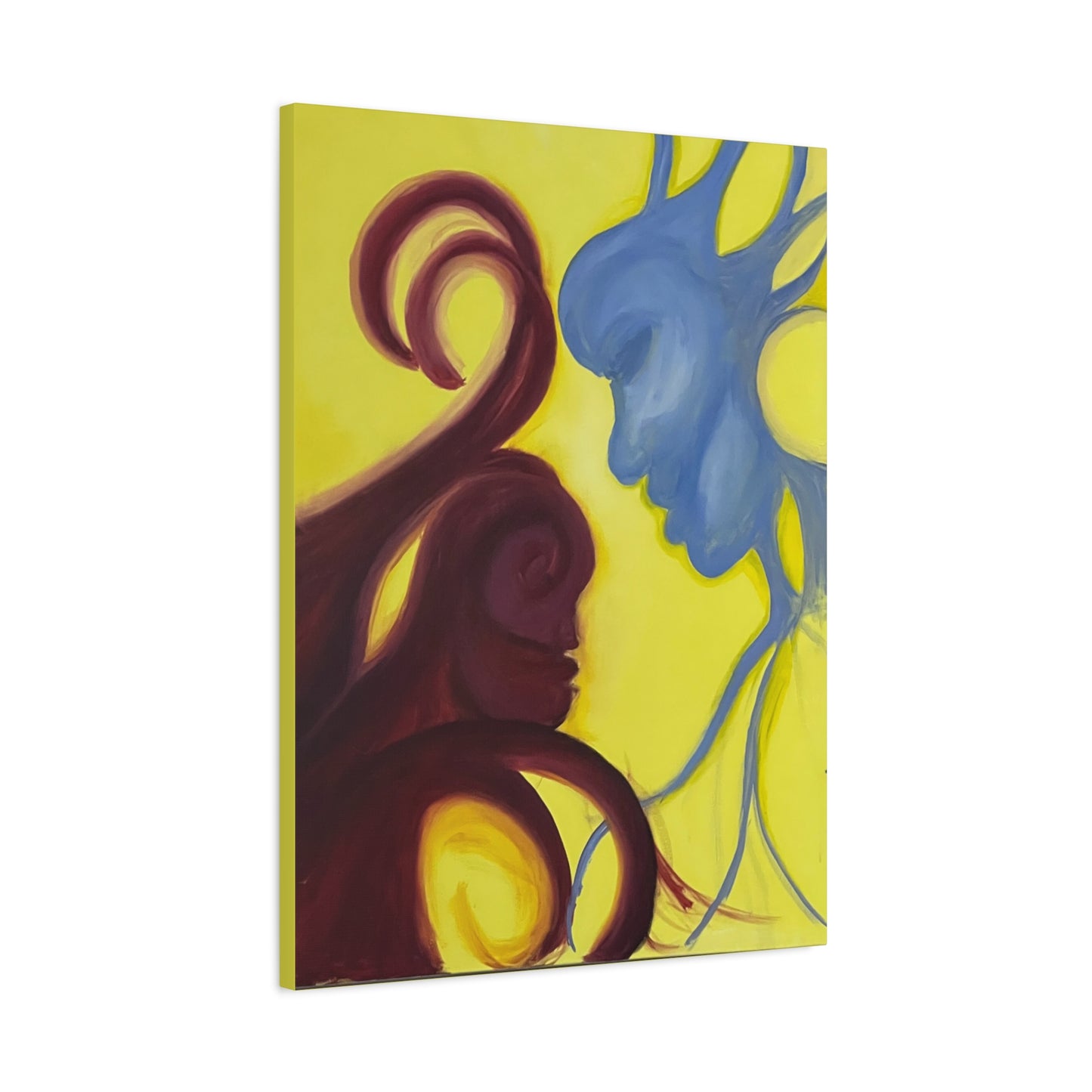 Abstract Yin Yang Faces Canvas Wall Art – Blue & Maroon Couple on Yellow Matte Stretched Canvas Printify