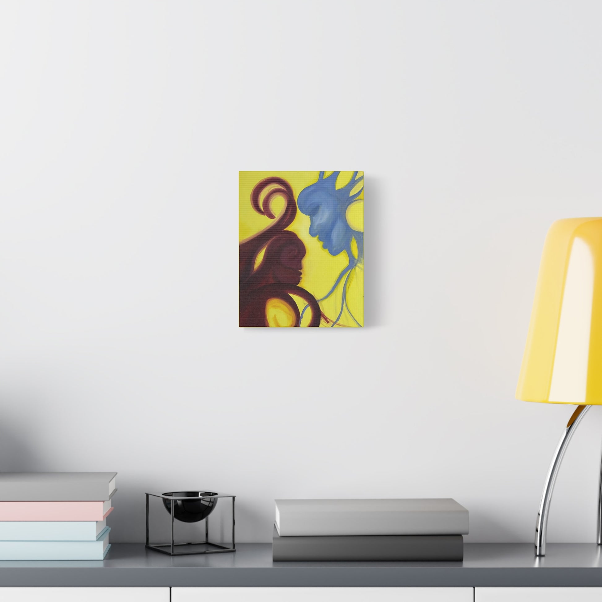 Abstract Yin Yang Faces Canvas Wall Art – Blue & Maroon Couple on Yellow Matte Stretched Canvas Printify